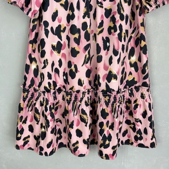 VOY size L pink leopard drop waist ruffle dress short puff sleeve button front - Picture 9 of 12